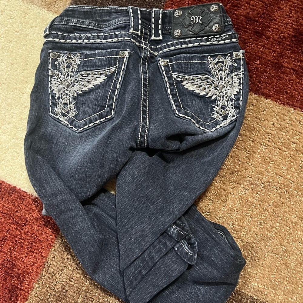 Miss Me Dark Blue Boot Cut Jeans with Silver Embroidery